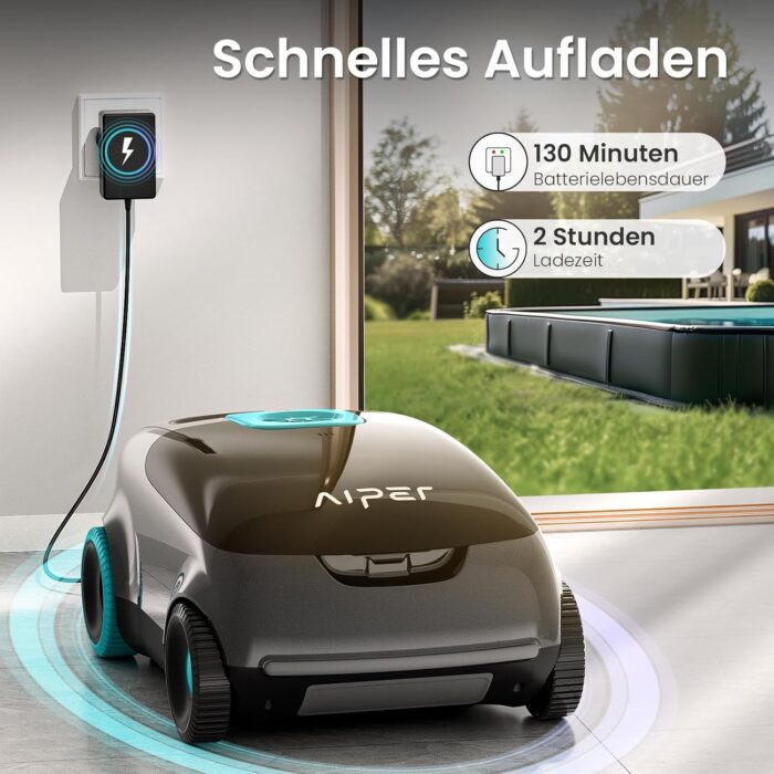 AIPER Kabelloser Poolroboter, Automatische Poolreiniger mit Fortschrittliche Partikelfiltration, 100-130 Minuten Akkulaufzeit, Auto-Park-Technologie, ideal für Oberirdische Pools bis zu 100㎡