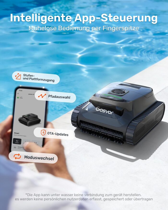 Gosvor (2026 Neu) Poolroboter Wand und Boden, Wasserlinie, Flachzone 4-in-1, Bis zu 200 Min. Laufzeit, Leichtgewicht 6,9 KG, 3μm Ultrafeiner Filter, Poolsuager Akku für Pools bis zu 200 m², Grau